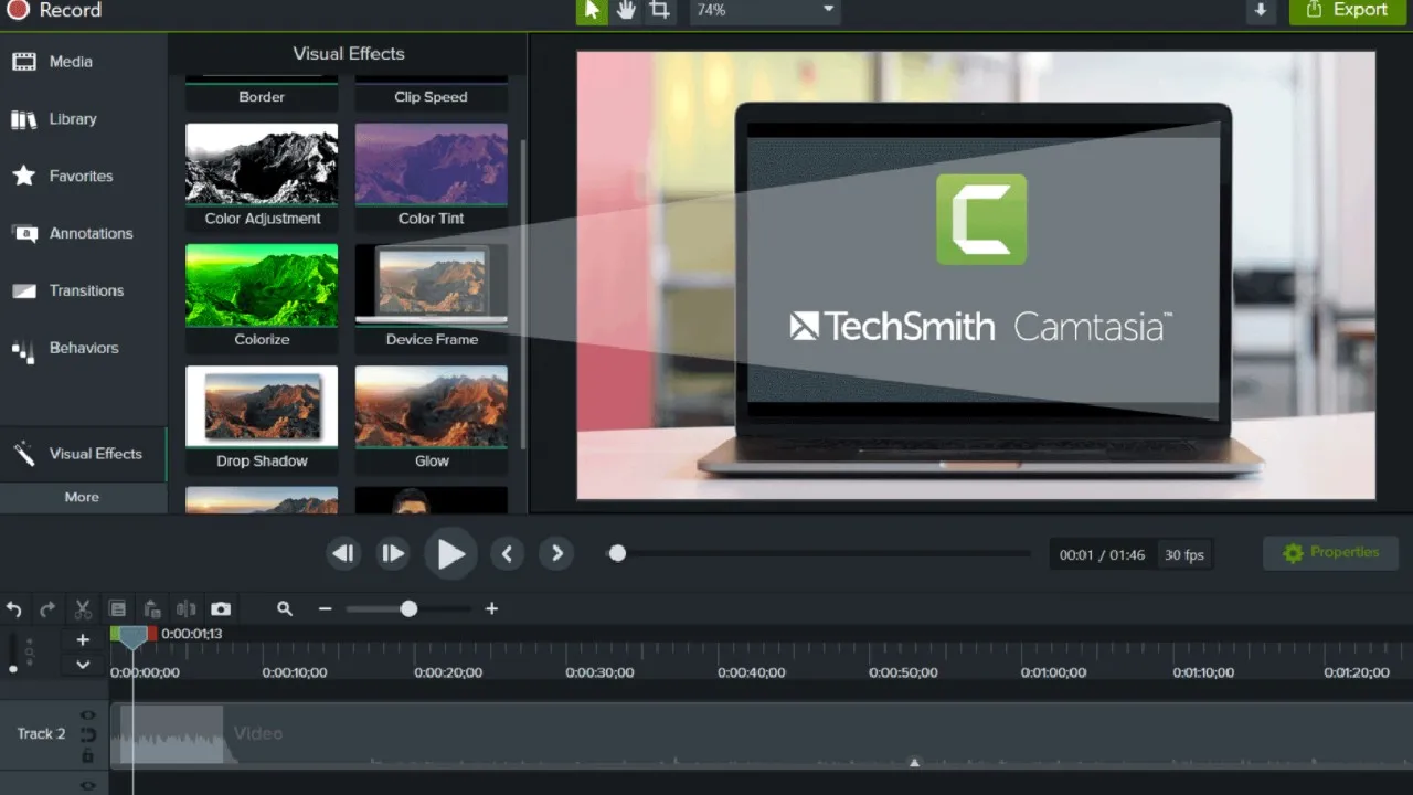 Windows bilgisayarda TechSmith Camtasia video düzenleme arayüzü